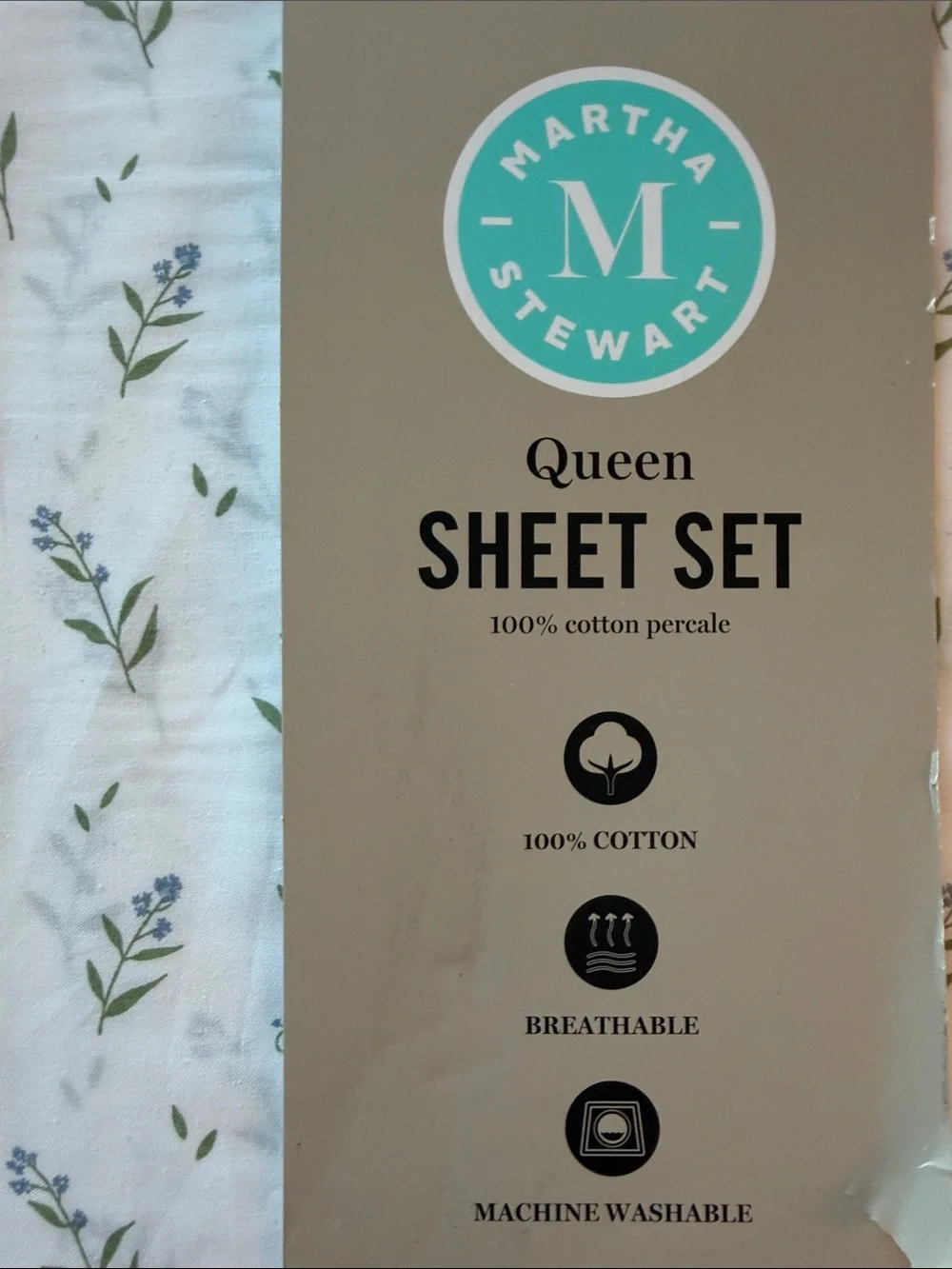 Martha Stewart White Percale Sheet Set with Green and Blue Floral Sprigs